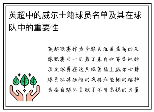 英超中的威尔士籍球员名单及其在球队中的重要性